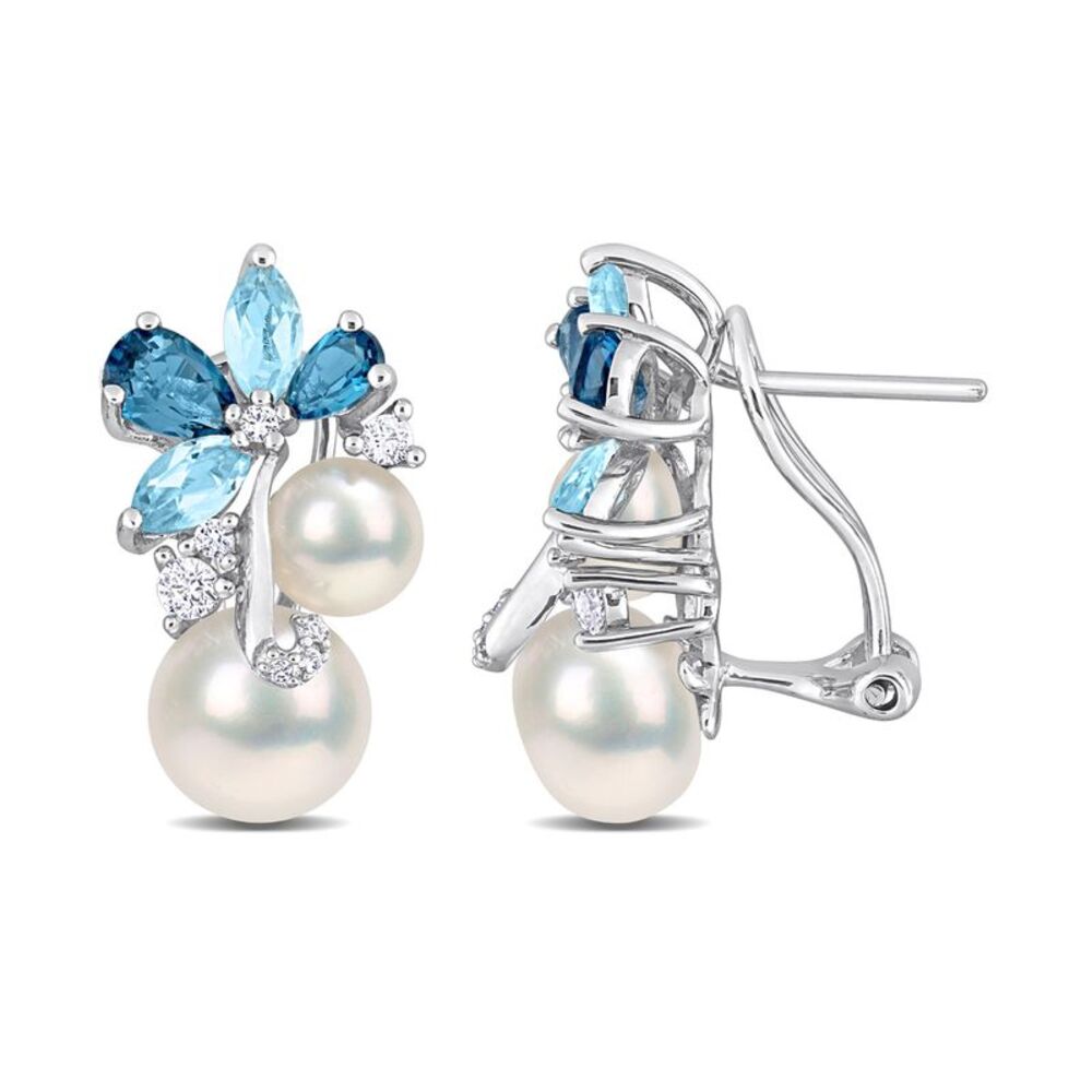 2.92 Carat (ctw) London, Sky Blue Topaz Freshwater Cultured Pearl Earrings Sterl